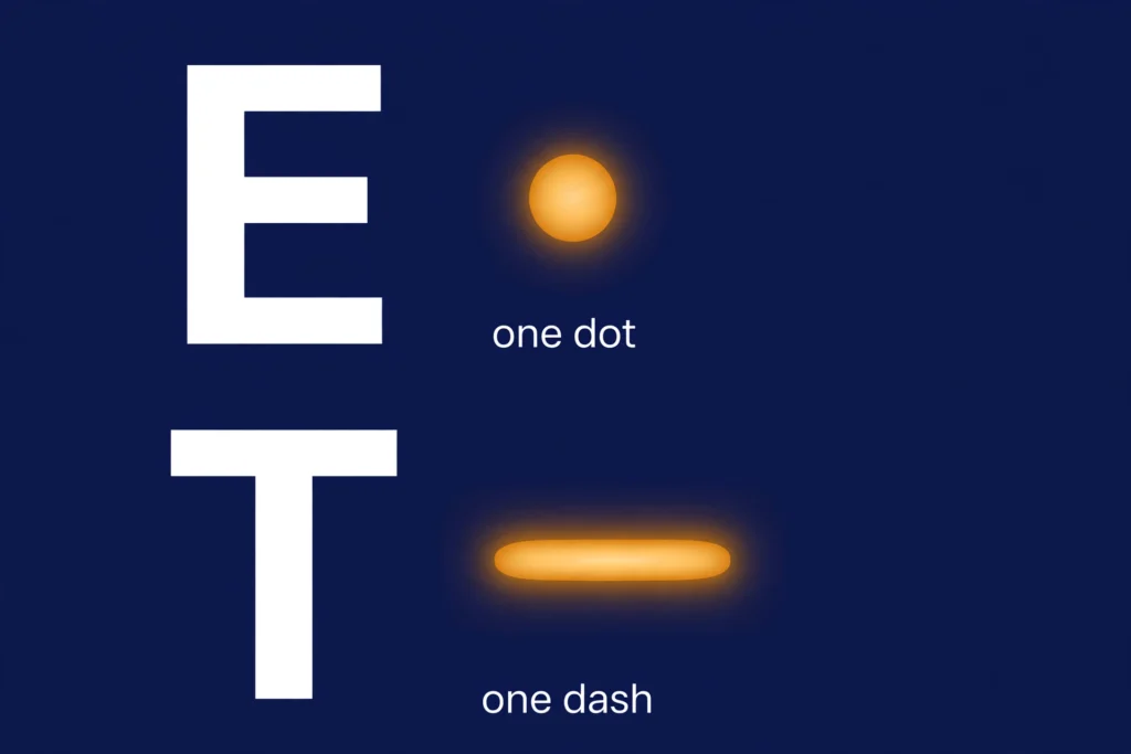 Learn morse code basics: the letter E is one dot and the letter T is one dash
