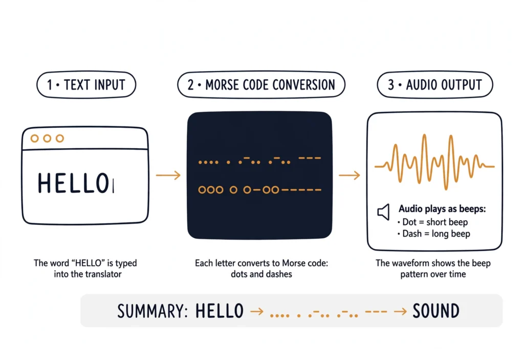 Diagram showing how a morse code translator converts English text into morse code dots and dashes and plays it as audio