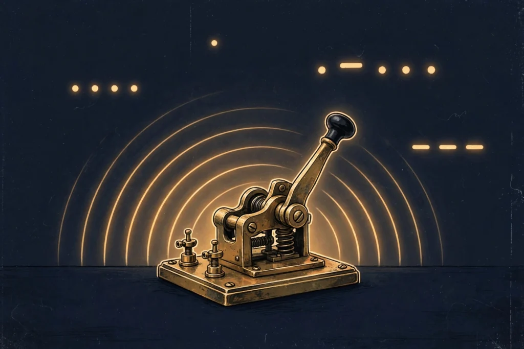 Vintage brass telegraph key with glowing amber morse code dots and dashes showing how a morse code translator turns text into sound