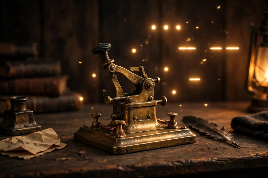 Vintage telegraph key used to send the first Morse code message in 1844 — history of morse code