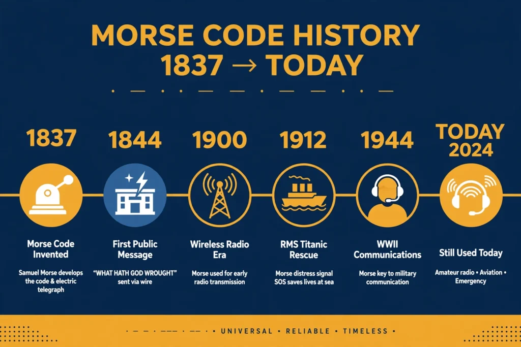 Timeline diagram showing the history of Morse code from 1837 to today