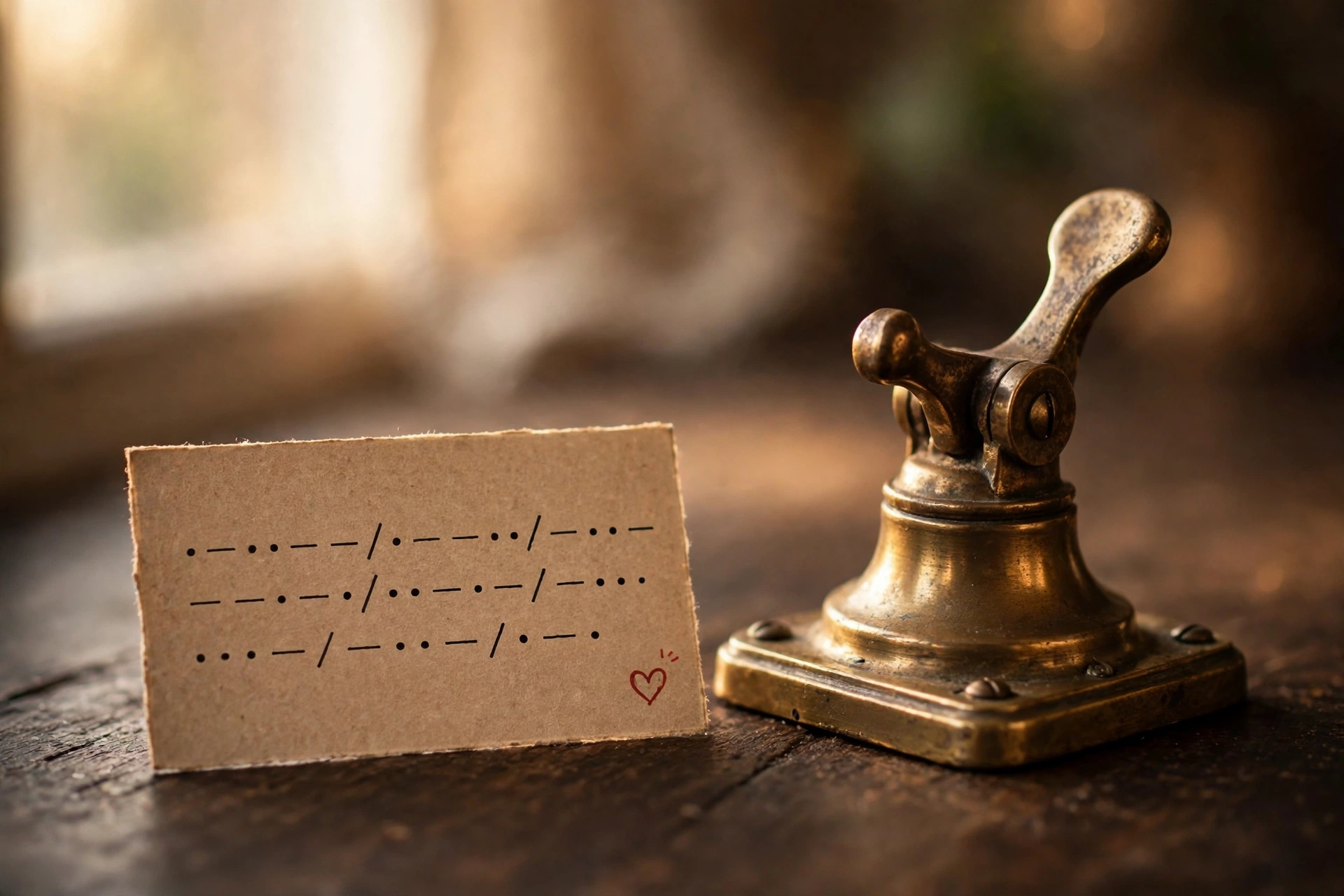 How to write I love you in Morse code: vintage telegraph key beside a handwritten dot-dash card