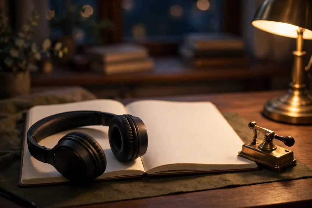 Evening morse code practice setup with headphones, notebook and telegraph key