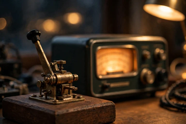 Classic brass straight key for ham radio morse code on a radio desk