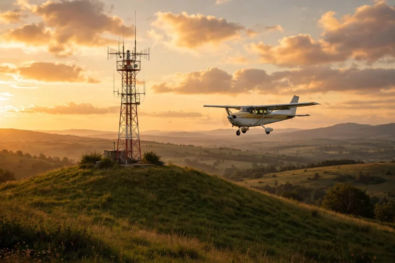Morse code in aviation radio navigation beacon tower at sunset