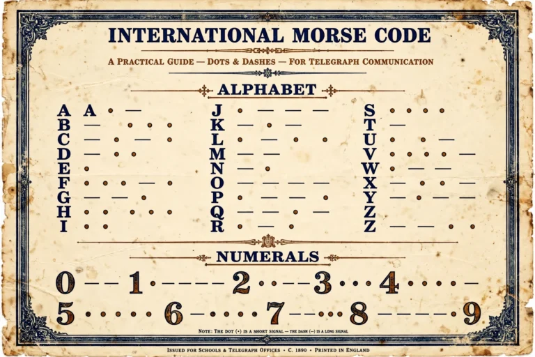 International morse code chart showing letters A to Z and numbers 0 to 9 in dots and dashes