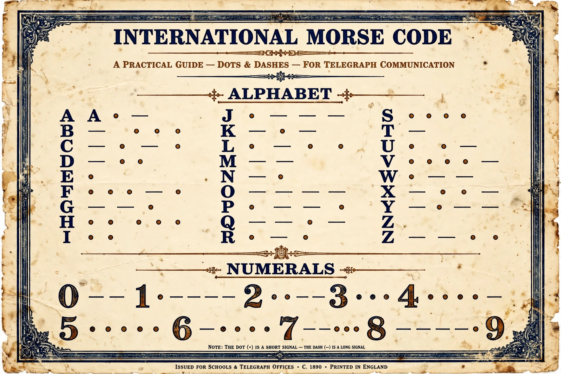 International morse code chart showing letters A to Z and numbers 0 to 9 in dots and dashes