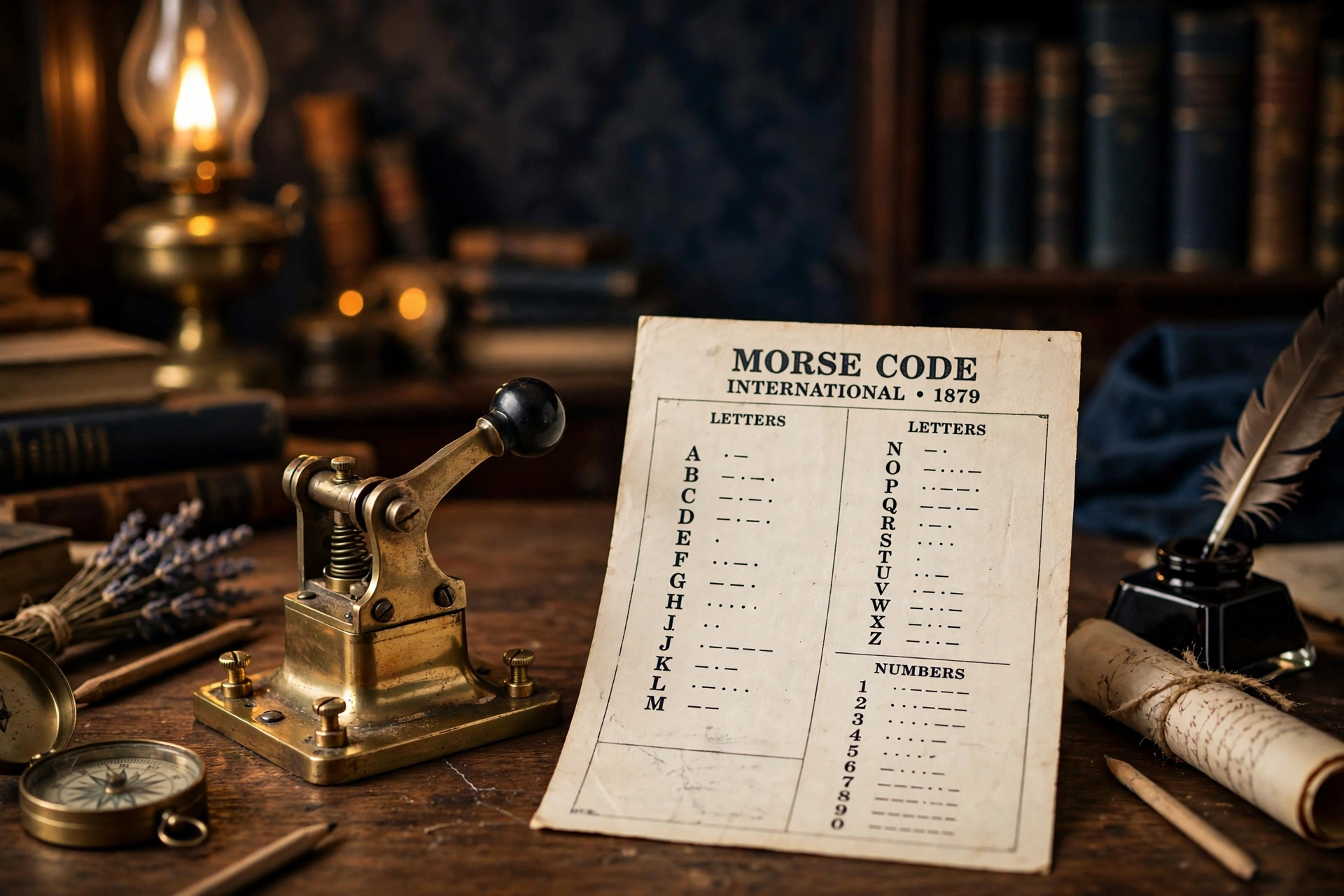 Vintage brass telegraph key next to a printed morse code chart for decoding dots and dashes