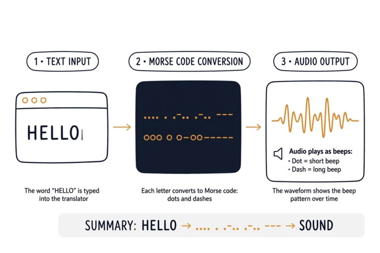 Diagram showing how a morse code translator converts English text into morse code dots and dashes and plays it as audio