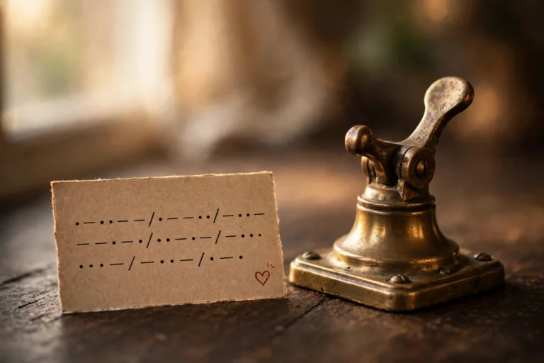 How to write I love you in Morse code: vintage telegraph key beside a handwritten dot-dash card