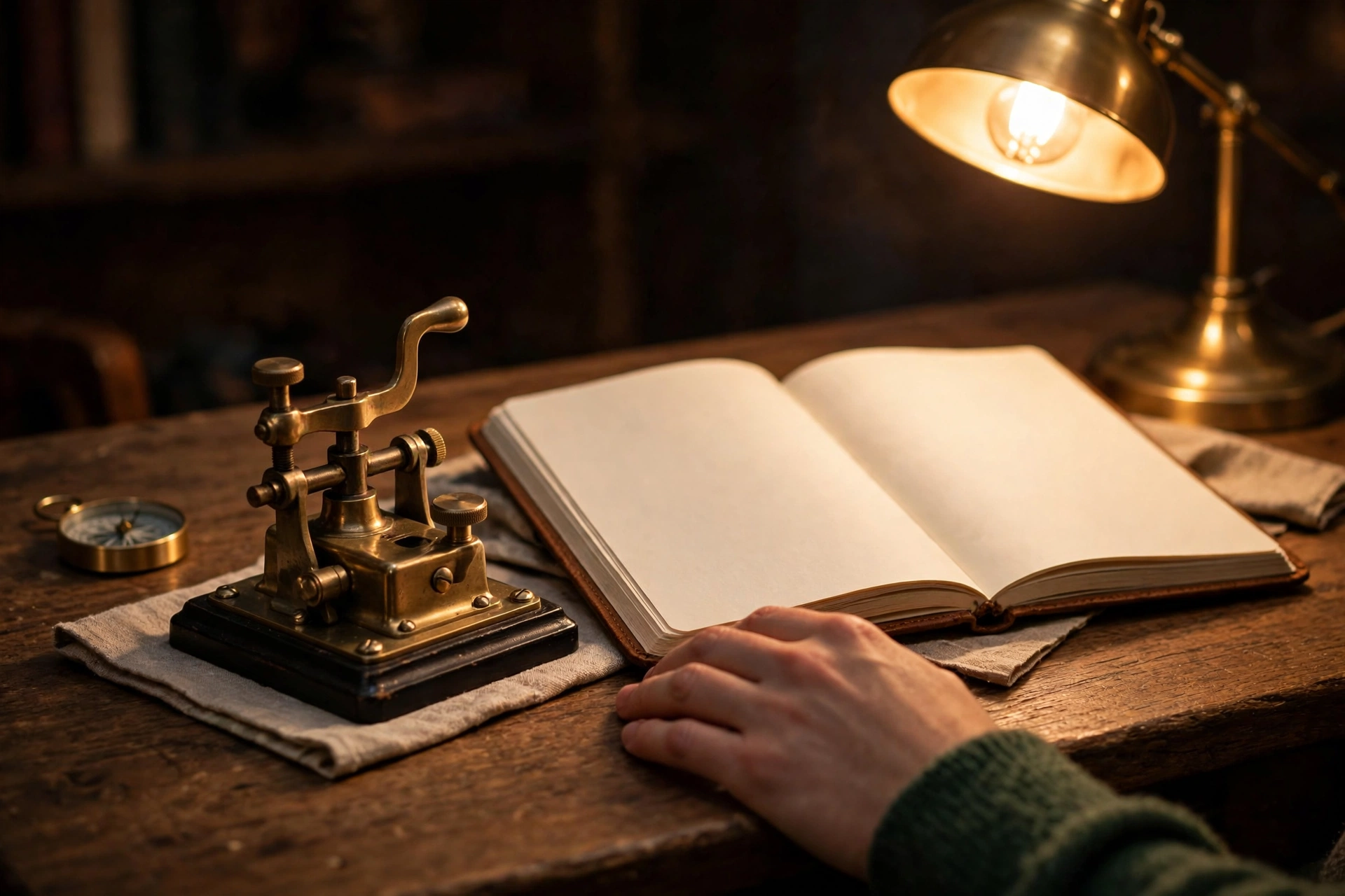 Evening morse code practice desk with telegraph key and blank notebook
