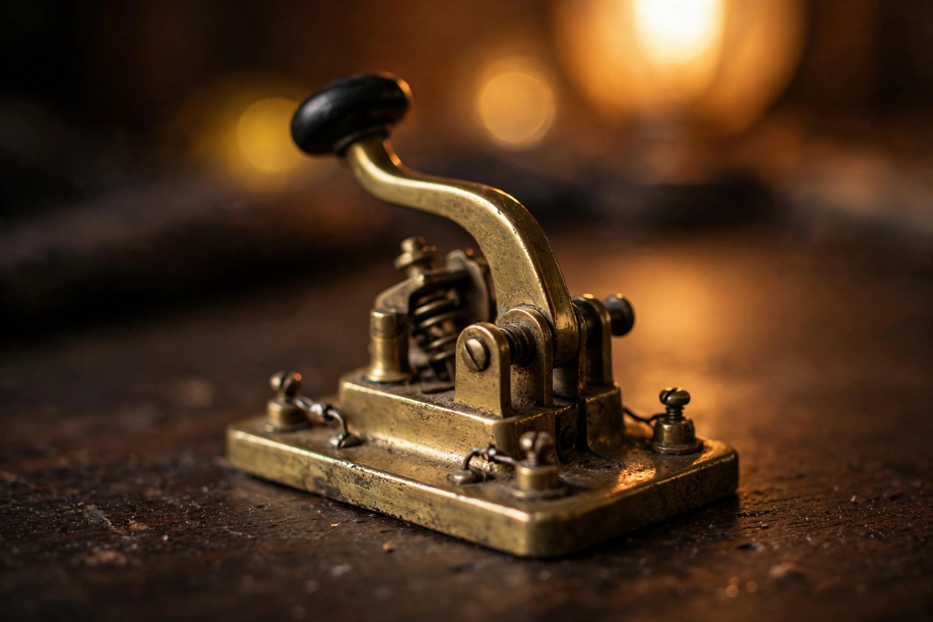 Vintage brass telegraph key used to send morse code phrases