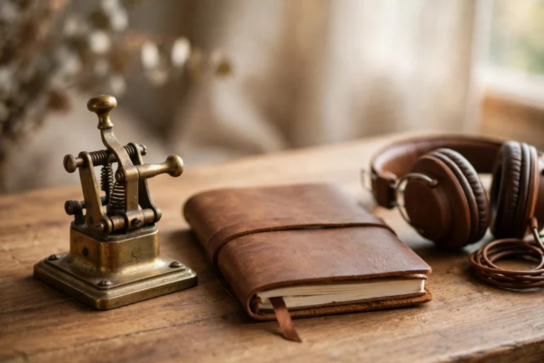 Morse code practice session with a brass telegraph key, notebook and headphones