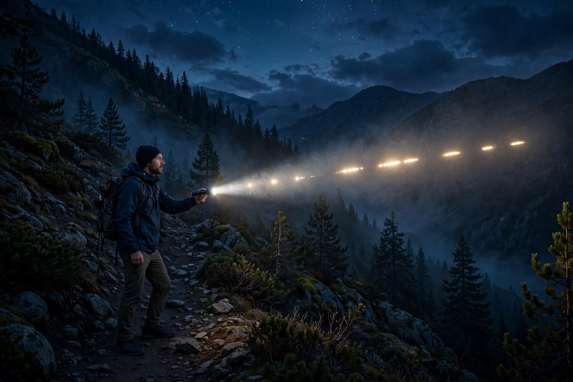 Person signaling SOS in Morse code with a flashlight at night in the mountains